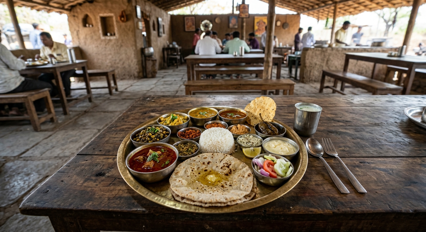 Local Maharashtrian thali meal spread on traditional plate, rustic dhaba setting, authentic food photography, affordable